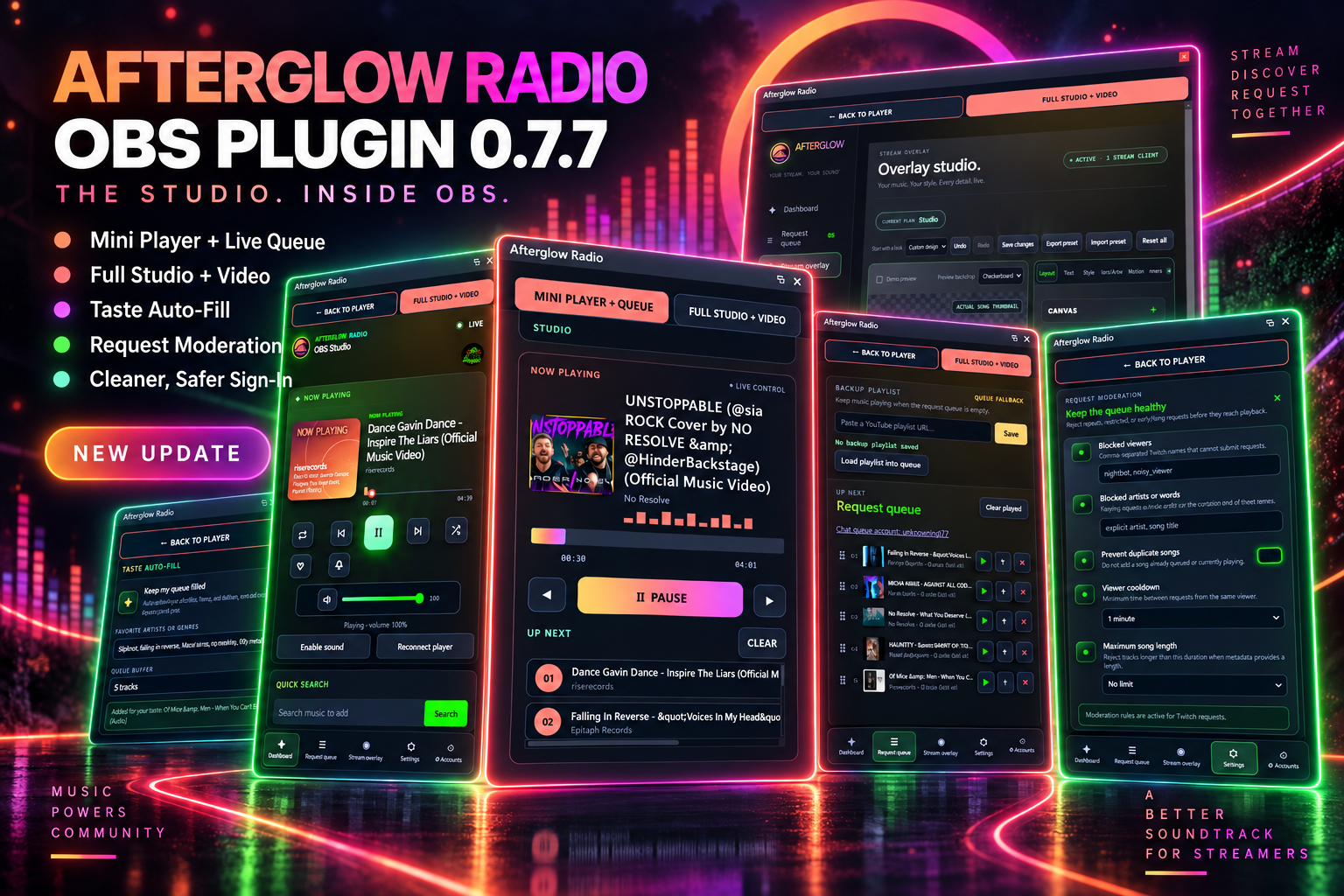 Afterglow Radio OBS Plugin 0.7.7 showing its Mini Player, Full Studio, music queue, Taste Auto-fill, request moderation, and Overlay Studio inside OBS